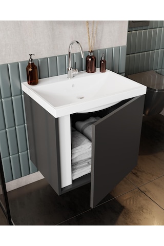 Karen Banyo Kemer 60 Cm,Lavabolu,Aynalı,Banyo Dolabı,Mat Antrasit,Lavabo Dahil Antrasit