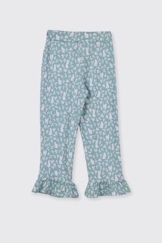 Panço Kız Çocuk Kolları Fırfır Detaylı Kedi Desenli Beli Lastikli Mavi Pijama Takımı