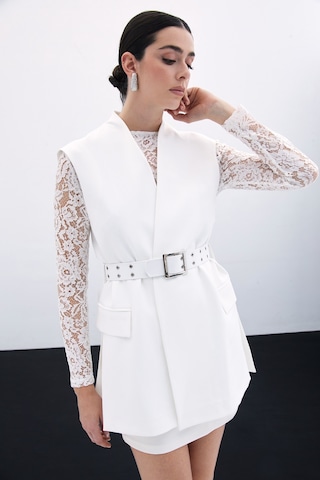 Sateen Kemerli Uzun Yelek - Ekru-135806 Ekru