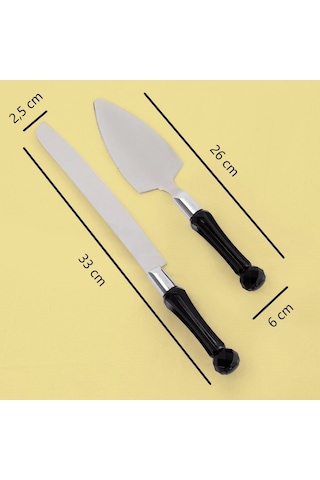 Kristal Saplı Pasta Spatula & Bıçak Servis Seti Siyah Siyah