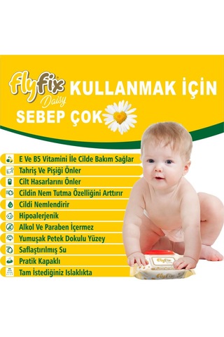 Flyfix Daisy 12 Li 1200 Yaprak Islak Mendil Bebek Havlusu Papatya Kokulu
