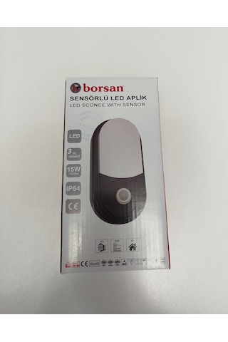 Duvar Sensörlü Armatür Ledli 15w 6500k Beyaz Işık Siyah Kasa Borsan Beyaz
