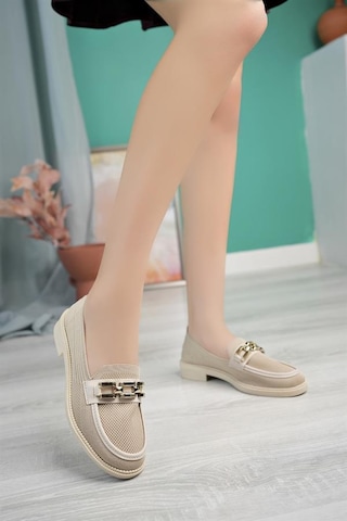 Alemdarshop Kadın Nude Zincir Tokalı Kalın Taban Pu Deri Günlük Klasik Topuklu Loafer Makosen Ayakkabı F Krem Tekstil