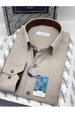 Klasik Uzun Kol Keten Cotton Hediye Kutulu Erkek Gömlek Fs-001261 - Bej-1759
