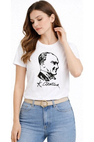 Wear Vexel Kadın Atatürk Baskılı Tişört Kısa Kollu Bisiklet Yaka T-shirt - Beyaz Beyaz