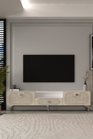 180dhdtsç3btg Hera Lazer Desenli Kapaklı Tv Sehpası,ünitesi Beyaz-traverten-gümüş