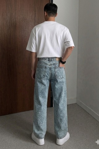 Cool Tarz Erkek Asit Yıkama Bol Paça Jean Pantolon Rahat Kesim Denim Mavi Mavi