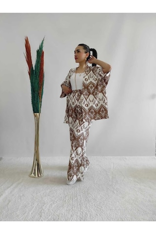İpli Kahverengi Desenli Ikili Kimono Takım Rahat Kalıp Kahverengi