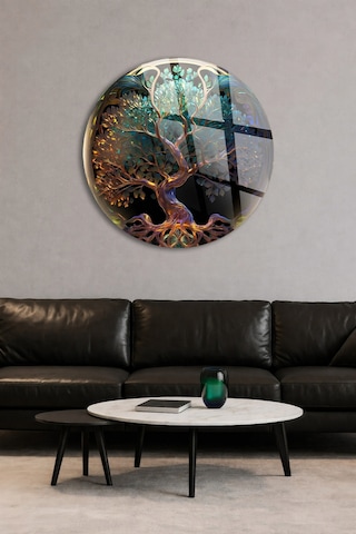 Hayat Ağacı Yuvarlak Cam Tablo Modern Sanat Tablosu Uv Baskılı Canlı Renkler Kafe Ve Ofis İçin Anlamlı Hediye Seçeneği Kolay Montaj Askılı