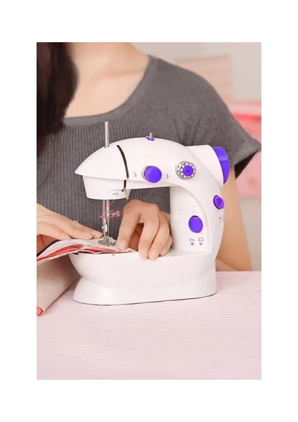 Taşınabilir Mini Dikiş Makinesi Ev Tipi Pedallı Elektrikli Masaüstü Çift Iplikli Pratik Dikiş Makinası Beyaz