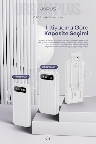 10000mah Powerbank Dahili Kablolu, Lcd Ekranlı, Led Lambalı, Taşınabilir Şarj Cihazı Beyaz