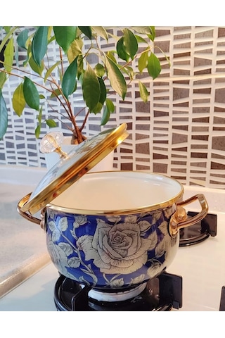 Lüx Vintage 18 Cm 2 Litre Küçük Boy Lacivert Gül Emaye Süt Yoğurt Yemek Tencere Gold - Lacivert