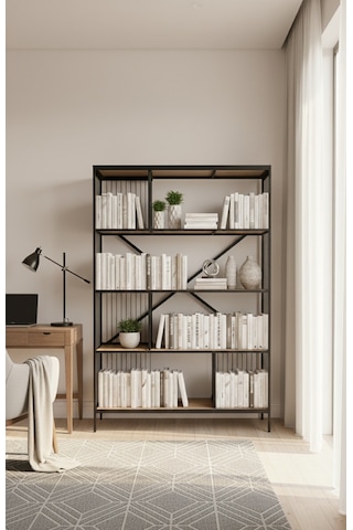 Dekoratif Lüx 5 Raflı Kitaplık Geniş Metal Kitaplık Dosya Rafı Ofis Salon Raf Ceviz Siyah Metal Tel
