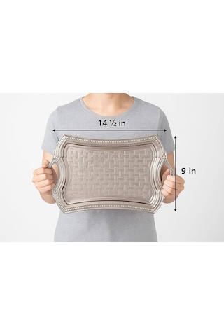 Alisveristime Osmanlı Motifli Dikdörtgen Metal Servis Tepsisi Kulplu 2 Kişilik Sunum Tepsisi, 37 X 23 Cm, 373 G,