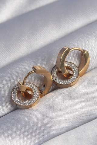316l Çelik Gold Renk Zirkon Taşlı İç İçe Geçmeli Oval Küpe Gold