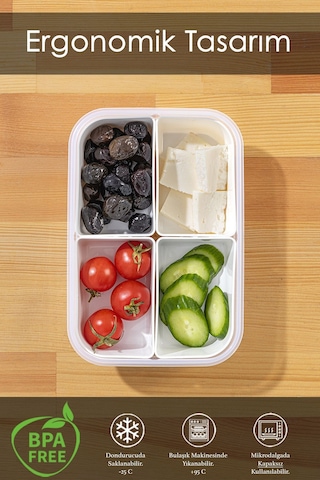 4 Bölmeli Kapaklı Dikdörtgen Saklama Kabı - Taşınabilir Kahvaltılık Diyet Ve Beslenme Kutusu Beyaz