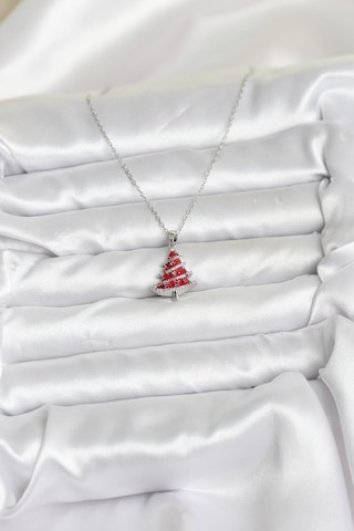 Zarif Boyunlar İçin Silver Çelik Zincir Kırmızı Çam Ağacı Yılbaşı Tema Kadın Kolye Metalik