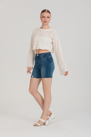 Maximodena Feminen Ajurlu Dokulu Beyaz Crop Bluz Standart Beden - Beyaz