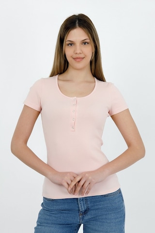 Hdm Kadın Esnek Fitilli Yakası Çıtçıtlı Pembe Kısa Kol Basic Örme Bluz - H5993