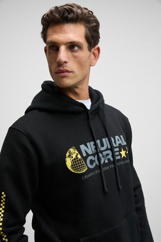 Grımelange Cornelıus Erkek Önü Ve Kolları Baskılı Kapüşonlu Kordonlu Kanguru Cepli Siyah Sweatshirt Siyah
