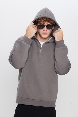 Tudors Unisex Relax Fit Rahat Kesim Pamuklu İçi Polarlı Yarım Fermuarlı Gri Kapüşonlu Sweatshirt-32461 Gri