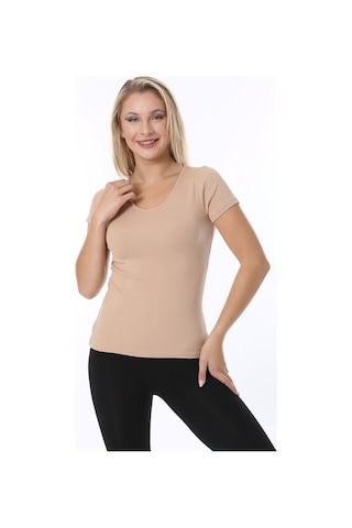 Rooted-kadın Basic V Yaka T-shirt ,fitilli Kaşkorse Kumaş Bluz Bej