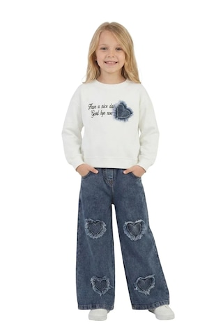 Erdem Kıds Kız Çocuk Bayramlık Günlük - Casual Geniş-bol Paça Palazzo Kot Pantolon-sweatshirt İkili Takım Beyaz - Mavi