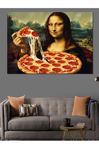 Mona Lisa Pizza Yiyor Komik Dekoratif Kanvas - Mdf Ahşap Tablo