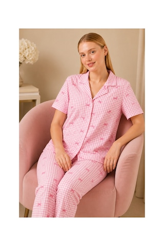 Fit Women Ekose Fiyonk Desenli Kısa Kollu Pijama Takımı Kadın Düğmeli Uzun Alt Pembe Pijama Takımı 4633