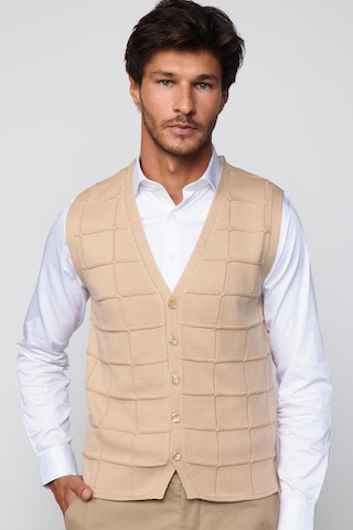 Tudors Slim Fit Kare Desenli Taş Rengi Erkek Yelek-29711-Taş