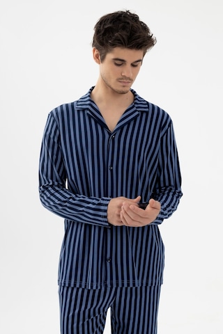 Erkek Mavi Çizgili Pamuklu Kombinli Gömlek Yaka Pijama Takımı Ko6302pj-1 Mavi