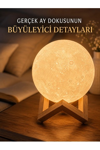 3d Ay Gece Lambası Ahşap Standlı Dekoratif Led Masa Lambası Antrasit Melanj