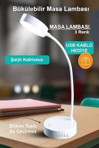 Astec Beyaz Bükülebilir 3 Renk Led Masa Çalışma Lambası Dimli Dayanıklı Silikon Tuşlu Usb'li Şarjlı