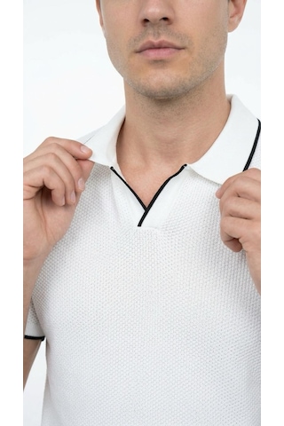 Plus Scorpion Erkek Pike Dokulu Triko Polo Yaka Tişört Slim Fit Şerit Detaylı Yazlık Model Beyaz