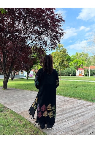 Siyah Mercan Desenli Kaftan Kimono Renkli Desenli Salaş Plaj Ve Günlük Kullanım Siyah - Turuncu