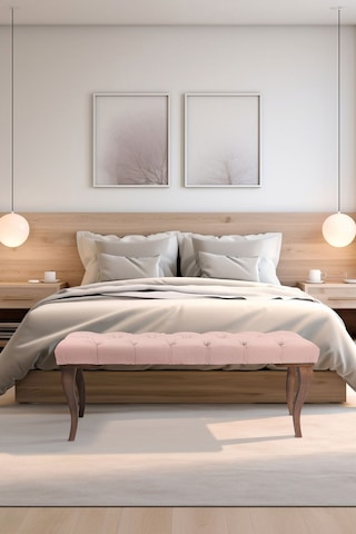 Gazzini Classic Lükens Gürgen Ayak Chester Model Kapitoneli Pembe Puf Bench - Ceviz Ayak