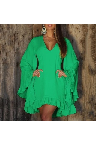 Novahub Kadın V Yaka Alevlendi Uzun Kollu Mini Elbise Koyu Pembe Düzenli Fırfır Etek Rahat Tatil Elbisesi Koyu Pembe