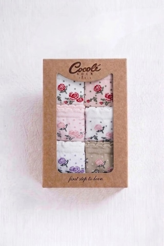 Cocole Socks Kız Bebek Soket Çorabı Kraft Kutulu 6'lı Set Pamuklu 0-1 Güllü Çok Renkli