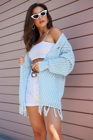 Aqe Fashion Motif Detaylı Eteği Püsküllü Hırka Bebe Mavisi Bebe Mavi