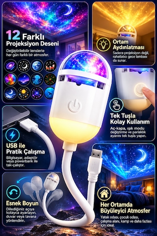 12 Lensli Usb Galaksi Projeksiyon Gece Lambası Yıldızlı Gökyüzü Ortam Aydınlatması Esnek Boyunlu Beyaz