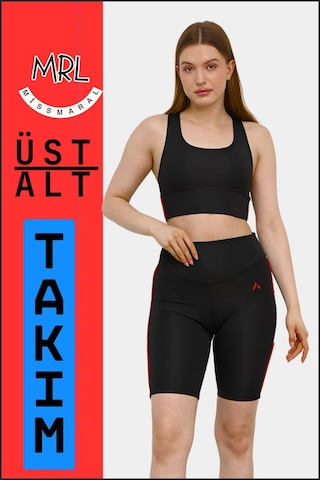 Kadın Siyah Takım Alt-üst Kısa Şort-tayt Ve Pedli Sporcu Büstiyer 2li Set Kırmızı Biyeli Elt3043 Siyah Kırmızı