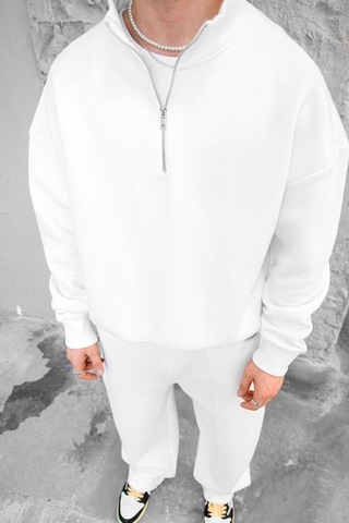 Beyaz Cozy Basic Yarım Fermuar Oversize Sweatshirt Beyaz