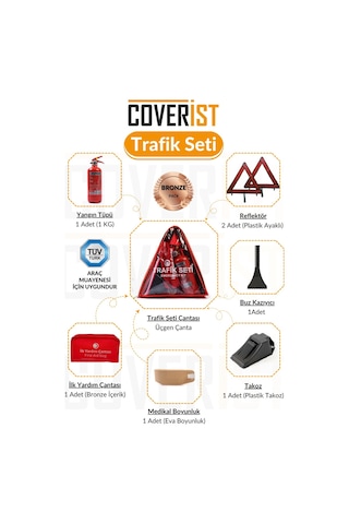Üçgen Trafik Ve İlk Yardım Seti - Muayene Uyumlu 1 Kg Araç Yangın Tüpü - 2 Adet Reflektör - Bronze Pack