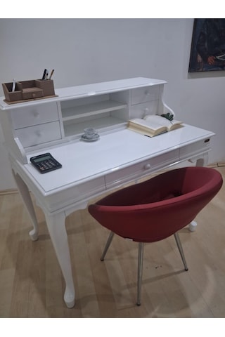 Çalışma Masa Sandalye 90658 Model Parlak Beyaz Lake Boyalı Masa Tombik Sandalye Suni Deri Beyaz