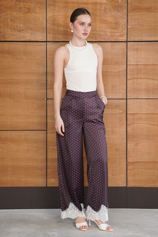 Verymoda Puantiyeli Paçası Dantelli Saten Pantolon D2970 Kahve