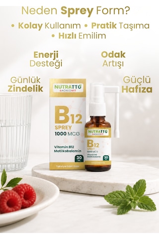 Nutratto B12 Sprey Vitamin B12 1000 Mcg Metilkobalamin Takviye Edici Gıda 30 Ml