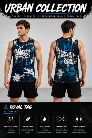Beydex Erkek Nem Emici Hızlı Kuruma Urban Collection Sporcu Sıfır Kol T-shirt Gym Mavi