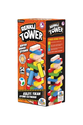 Tower Renkli Jenga Büyük Boy Doğal Ahşap Denge Oyunu Kule Oyunu Tower 54 Adet