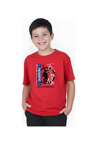 Panios Kids Sk Sport Baskılı Erkek Çocuk Kısa Kollu Yuvarlak Yaka T-shirt Kırmızı