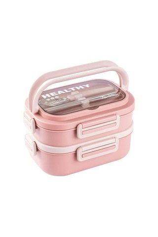 Tantitoni Pembe Paslanmaz Çelik 2 Katlı Chopstıck Ve Kaşıklı Yemek Taşıma Kabı 1.65l